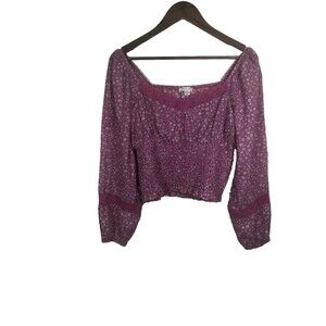 Y2K American Eagle Floral Smocked Fairy baby doll BOHO Crop Top Long Sleeve lace